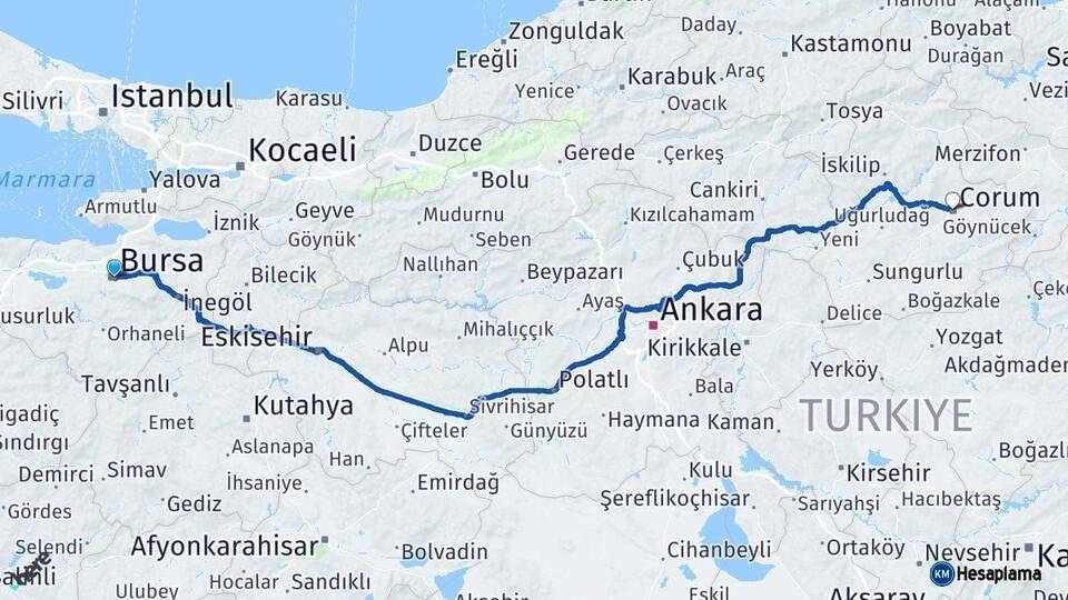 Bursa Çorum Arası Kaç Km - Yol Haritası