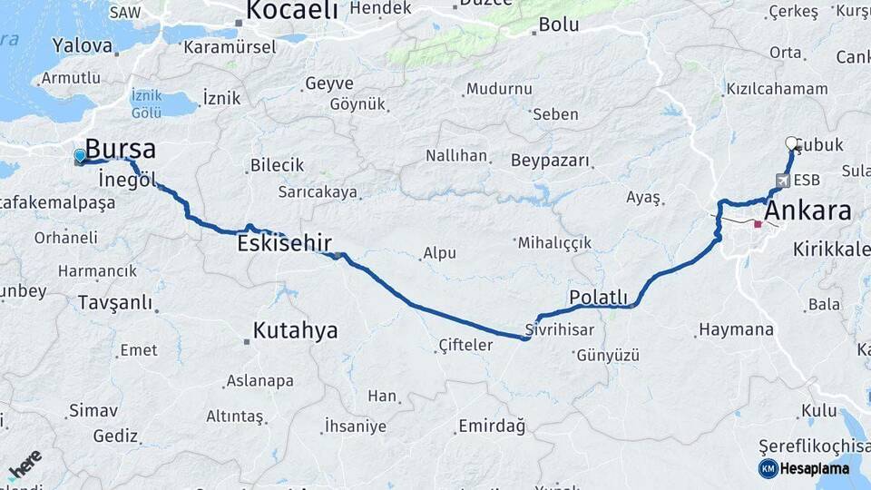 Bursa Çubuk Ankara Arası Kaç Km - Yol Haritası