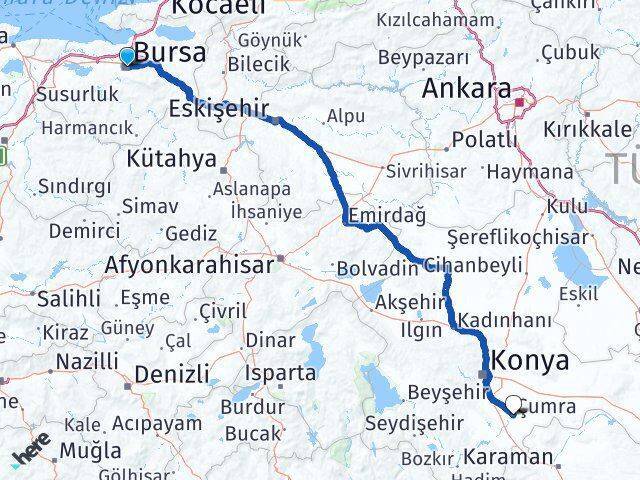 Bursa Çumra Arası Kaç Km - Yol Tarifi