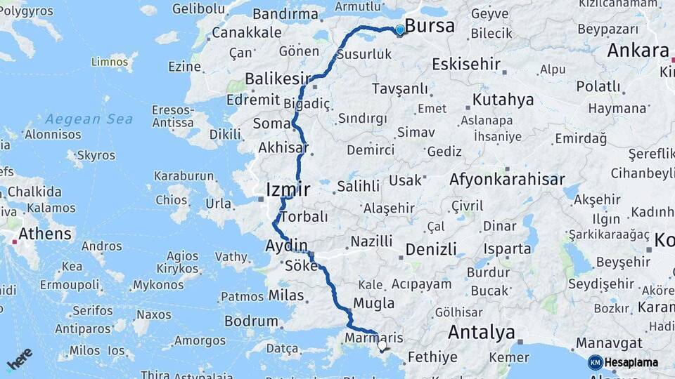 Bursa Dalaman Muğla Arası Kaç Km - Yol Haritası