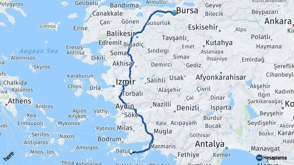 Bursa Datça Muğla Arası Kaç Km - Yol Haritası
