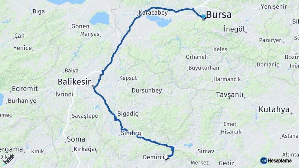 Bursa Demirci Manisa Arası Kaç Km - Yol Haritası