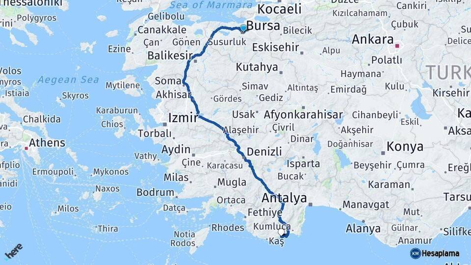 Bursa Demre Antalya Arası Kaç Km - Yol Haritası