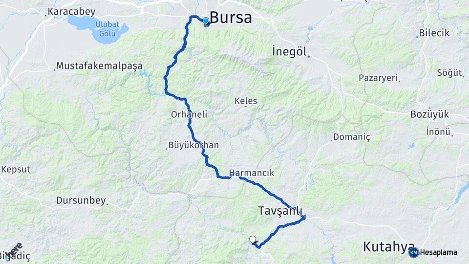 Bursa Dereli Emet Kütahya Arası Kaç Km - Yol Haritası