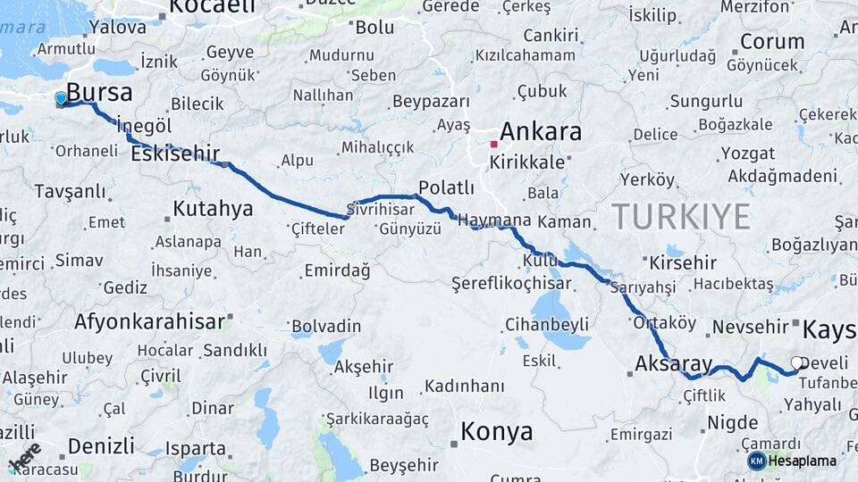 Bursa Develi Kayseri Arası Kaç Km - Yol Haritası