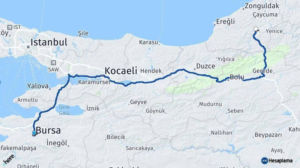 Bursa Devrek Zonguldak Arası Kaç Km - Yol Haritası