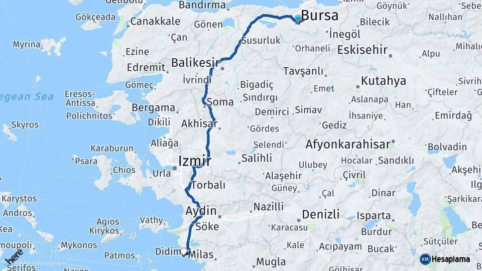Bursa Didim Aydın Arası Kaç Km - Yol Haritası
