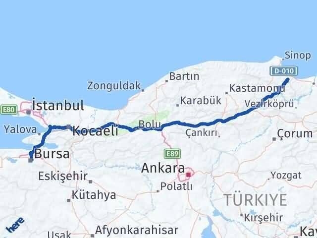 Bursa Dikmen Sinop Arası Kaç Km - Yol Haritası