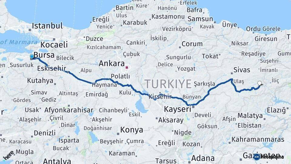Bursa Divriği Sivas Arası Kaç Km - Yol Haritası