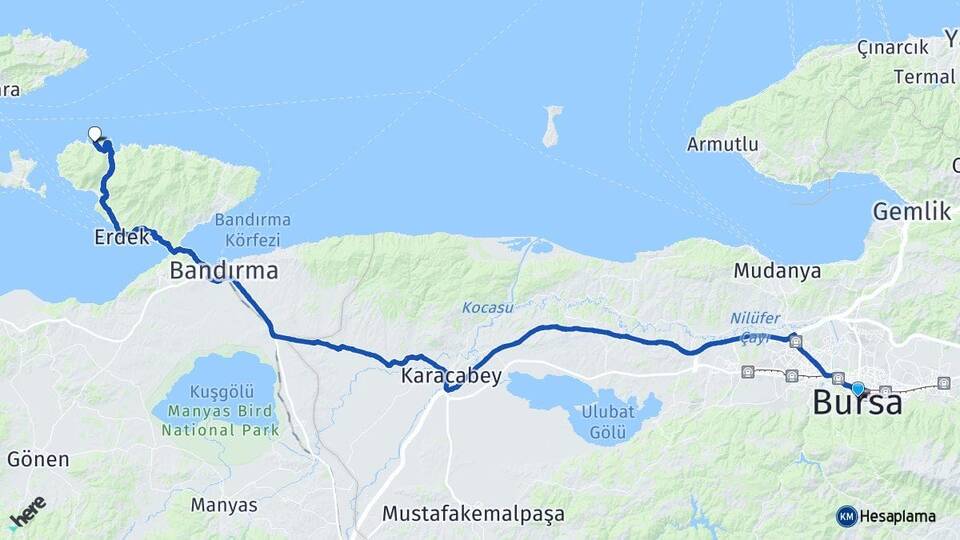 Bursa Doğanlar Erdek Balıkesir Arası Kaç Km - Yol Haritası