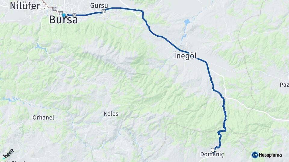 Bursa Domaniç Kütahya Arası Kaç Km - Yol Haritası