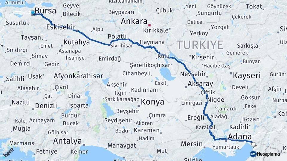 Bursa Dörtyol Hatay Arası Kaç Km - Yol Haritası