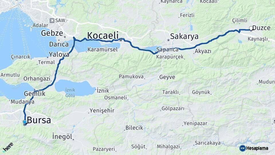 Bursa Düzce Arası Kaç Km - Yol Haritası