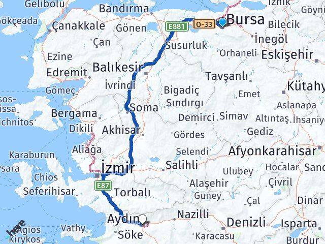 Bursa Efeler Aydın Arası Kaç Km - Yol Haritası
