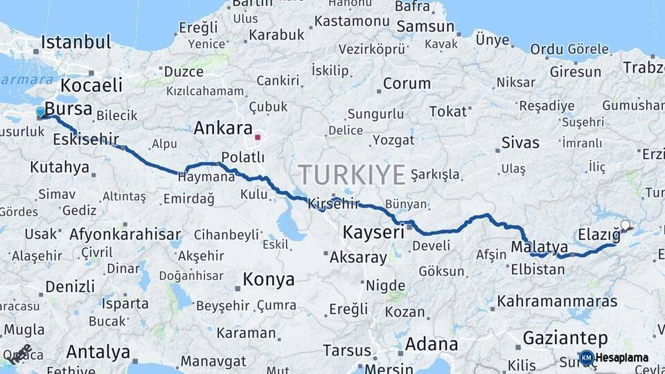 Bursa Elazığ Arası Kaç Km - Yol Haritası