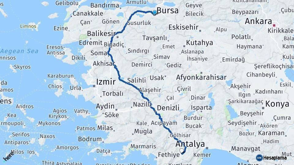Bursa Elmalı Antalya Arası Kaç Km - Yol Haritası