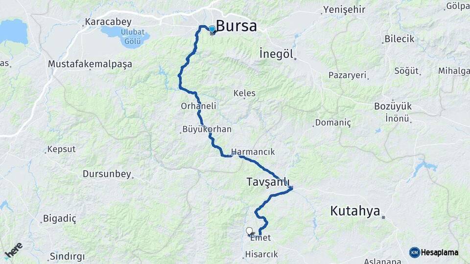 Bursa Emet Kütahya Arası Kaç Km - Yol Haritası
