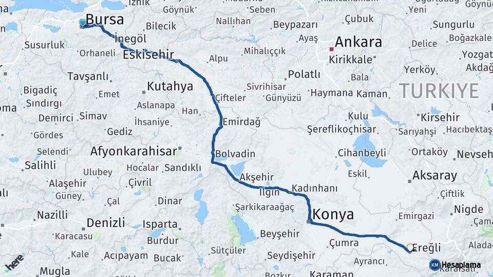 Bursa Ereğli Konya Arası Kaç Km - Yol Haritası