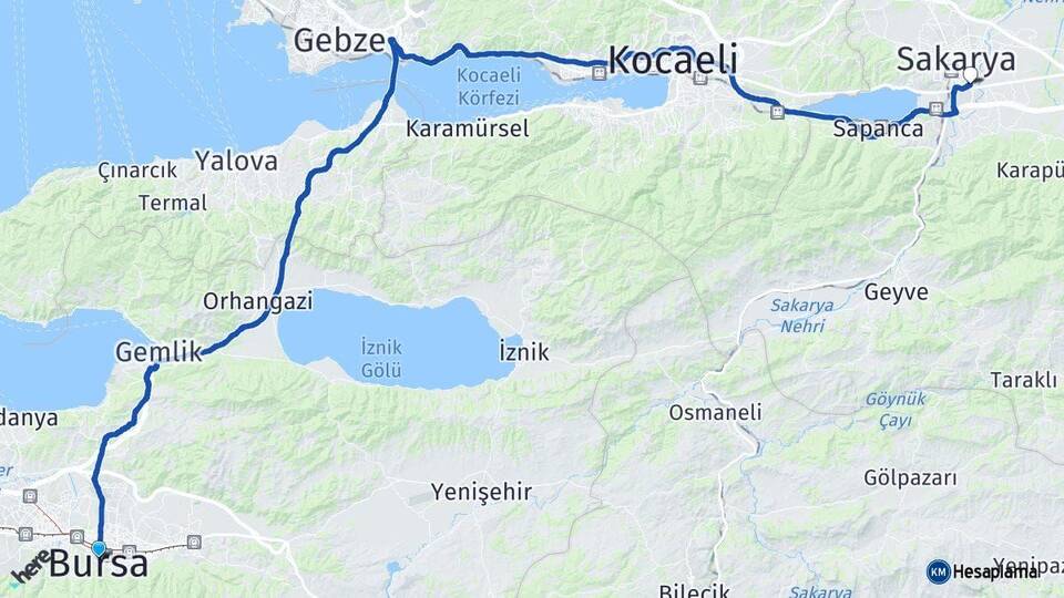 Bursa Erenler Sakarya Arası Kaç Km - Yol Haritası