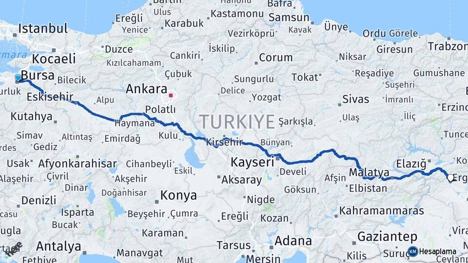 Bursa Ergani Diyarbakır Arası Kaç Km - Yol Haritası