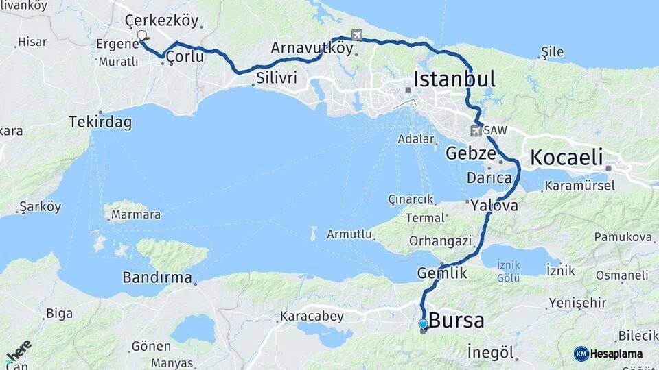 Bursa Ergene Tekirdağ Arası Kaç Km - Yol Haritası