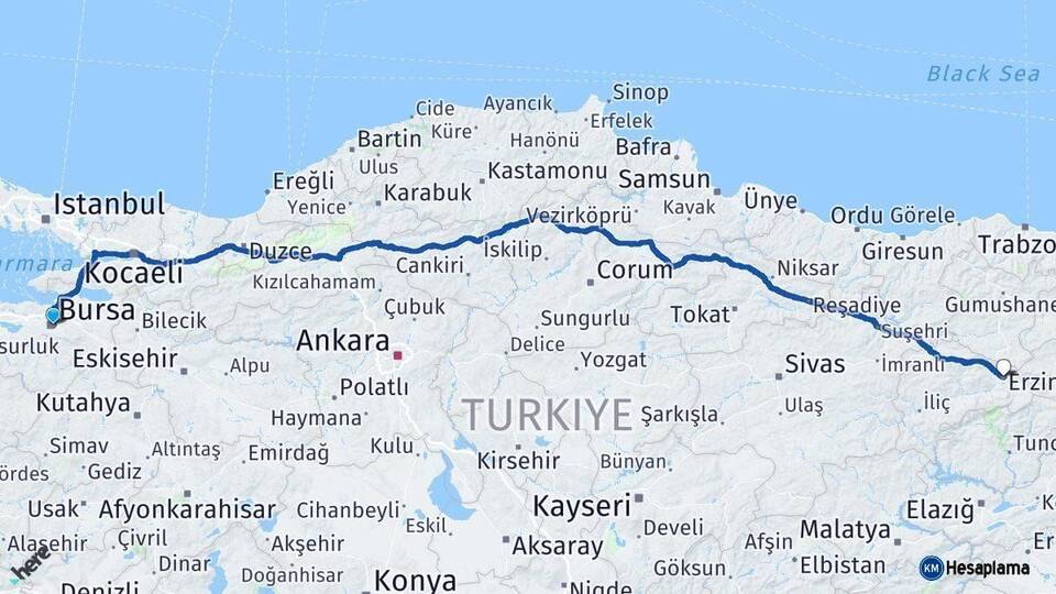 Bursa Erzincan Arası Kaç Km - Yol Haritası