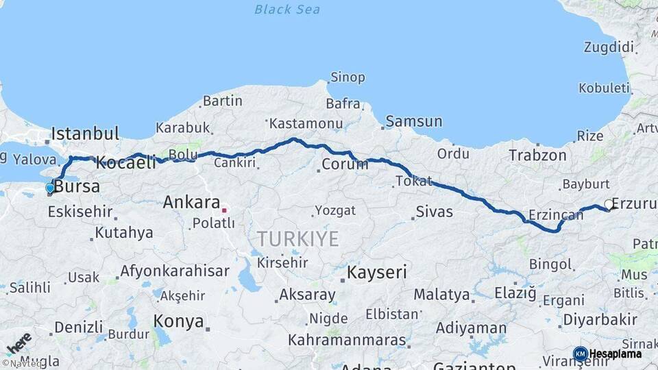 Bursa Erzurum Arası Kaç Km - Yol Haritası
