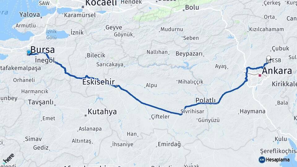 Bursa Esenboğa Havalimanı Arası Kaç Km - Yol Haritası