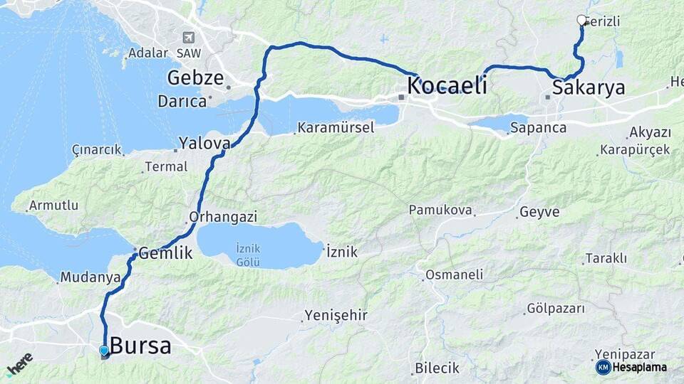 Bursa Ferizli Sakarya Arası Kaç Km - Yol Haritası