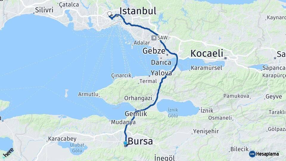 Bursa Gaziosmanpaşa İstanbul Arası Kaç Km - Yol Haritası