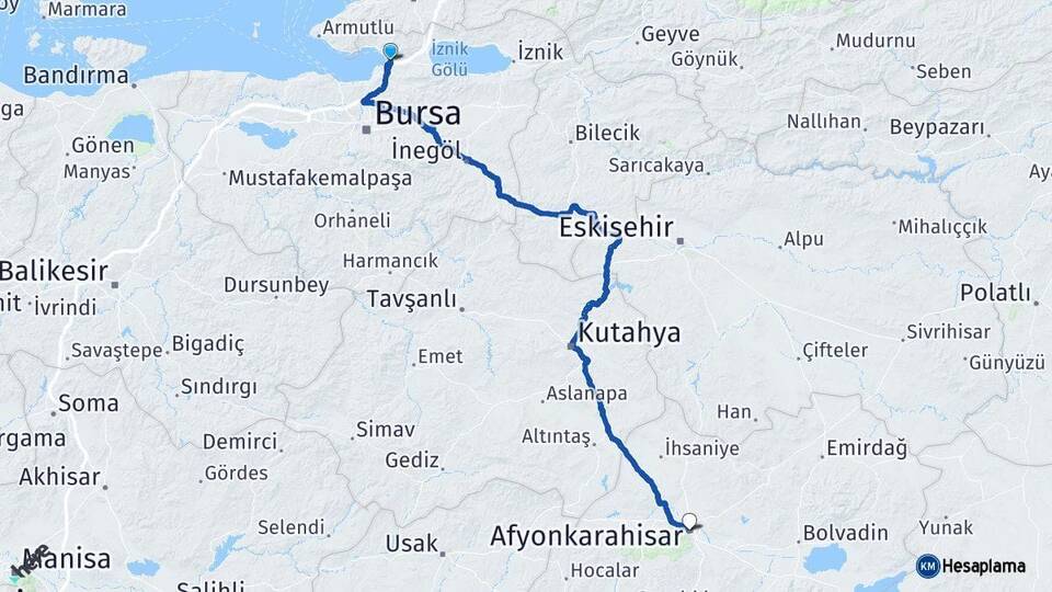 Bursa Gemlik Afyonkarahisar Arası Kaç Km - Yol Haritası