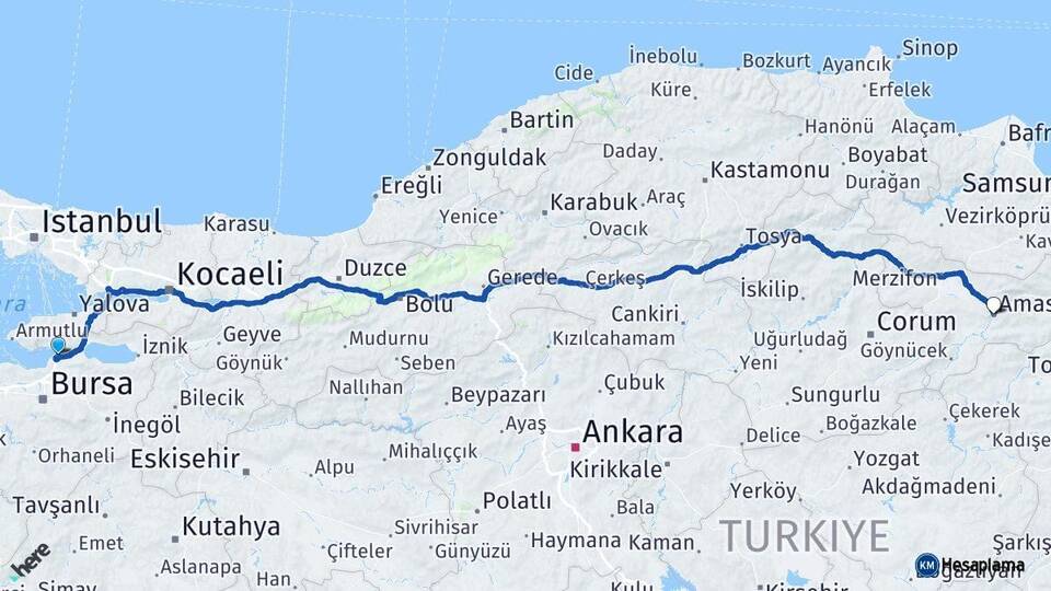 Bursa Gemlik Amasya Arası Kaç Km - Yol Haritası