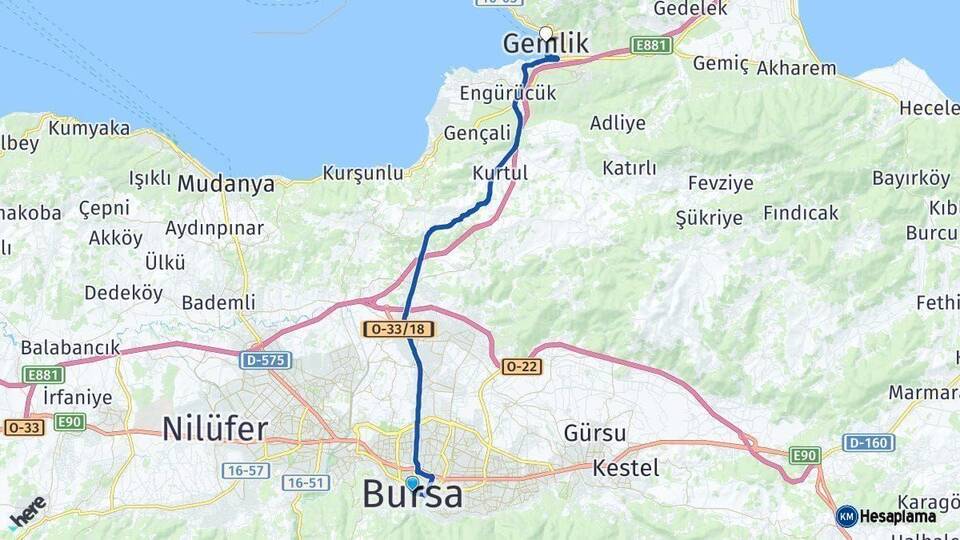 Bursa Gemlik Arası Kaç Km - Yol Haritası