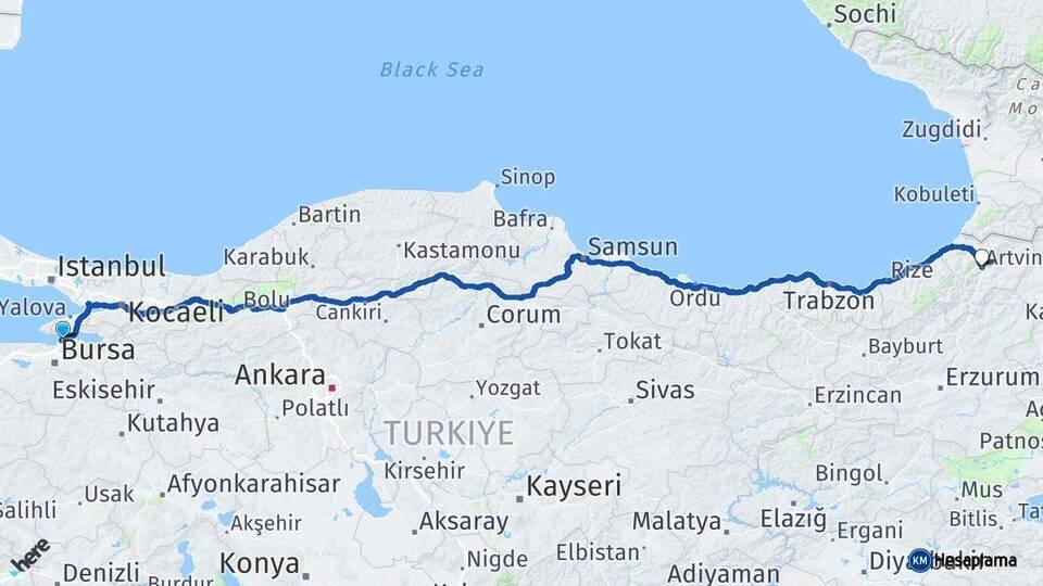 Bursa Gemlik Artvin Arası Kaç Km - Yol Haritası