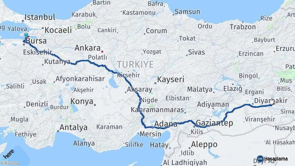 Bursa Gemlik Batman Arası Kaç Km - Yol Haritası