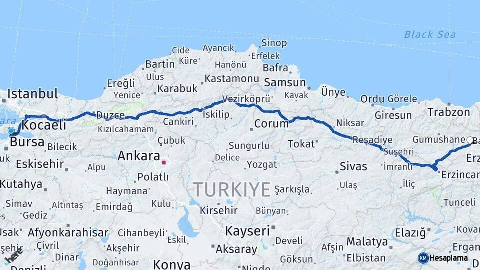 Bursa Gemlik Bayburt Arası Kaç Km - Yol Haritası