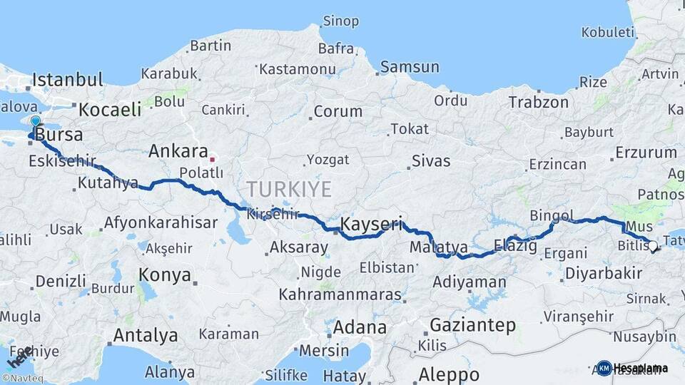 Bursa Gemlik Bitlis Arası Kaç Km - Yol Haritası
