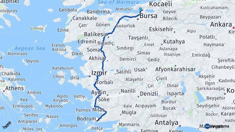 Bursa Gemlik Bodrum Muğla Arası Kaç Km - Yol Haritası