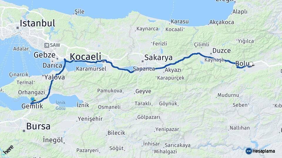Bursa Gemlik Bolu Arası Kaç Km - Yol Haritası