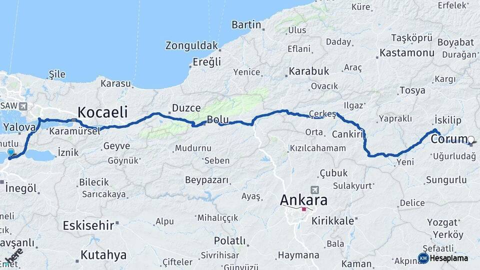Bursa Gemlik Çorum Arası Kaç Km - Yol Haritası