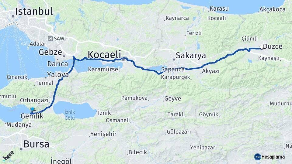 Bursa Gemlik Düzce Arası Kaç Km - Yol Haritası
