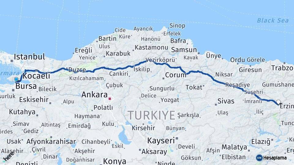 Bursa Gemlik Erzincan Arası Kaç Km - Yol Haritası