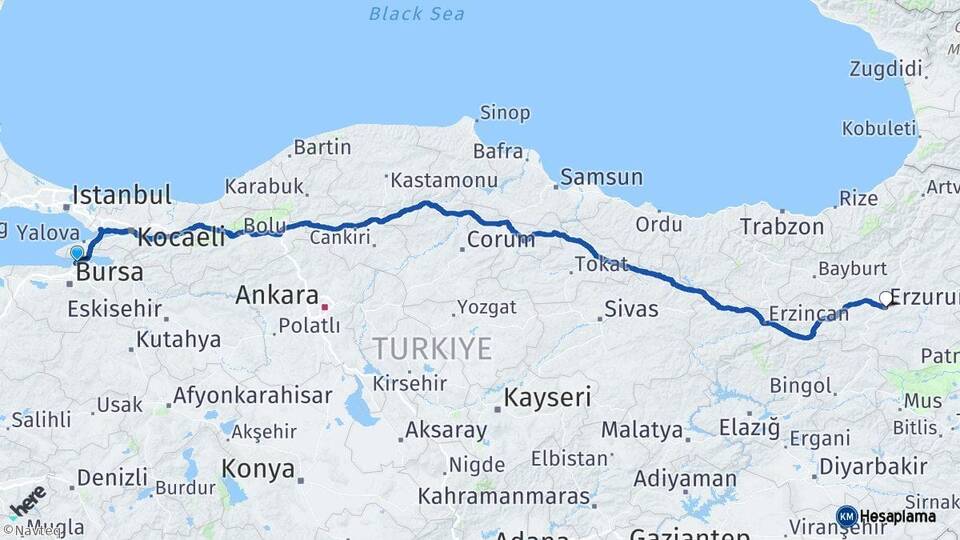 Bursa Gemlik Erzurum Arası Kaç Km - Yol Haritası