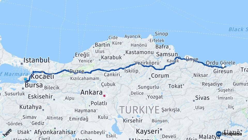 Bursa Gemlik Giresun Arası Kaç Km - Yol Haritası