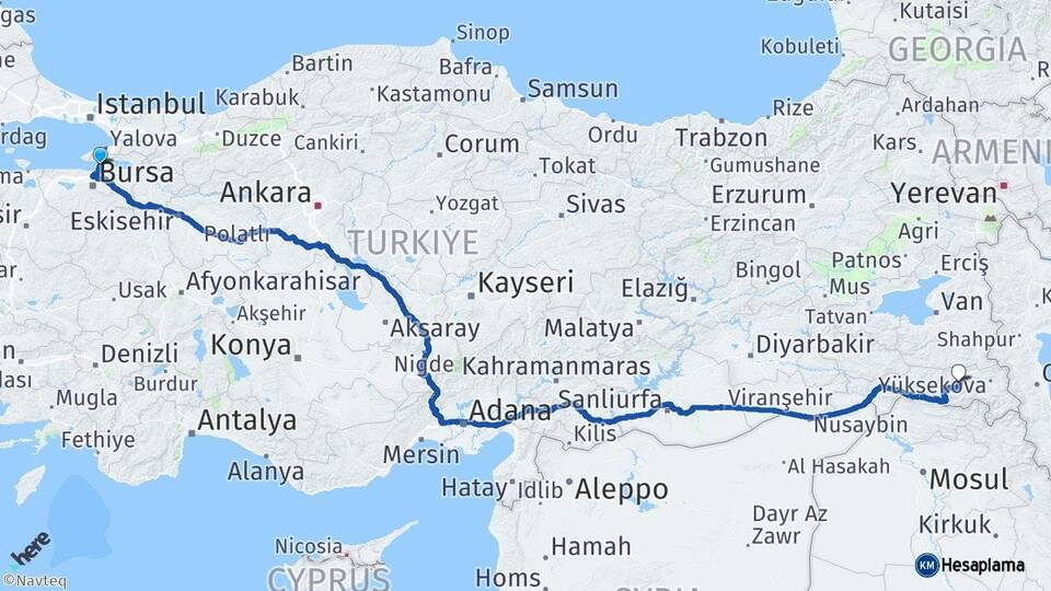 Bursa Gemlik Hakkari Arası Kaç Km - Yol Haritası