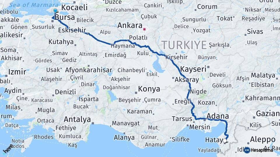 Bursa Gemlik Hatay Arası Kaç Km - Yol Haritası