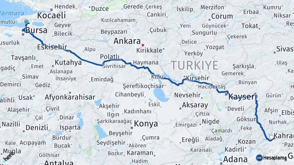 Bursa Gemlik Kahramanmaraş Arası Kaç Km - Yol Haritası