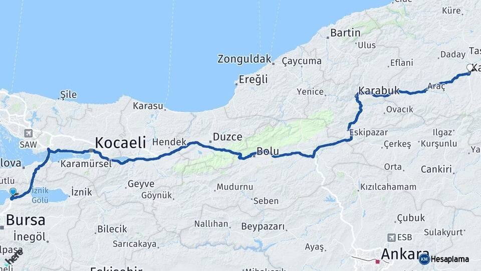 Bursa Gemlik Kastamonu Arası Kaç Km - Yol Haritası