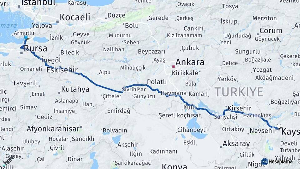 Bursa Gemlik Kayseri Arası Kaç Km - Yol Haritası
