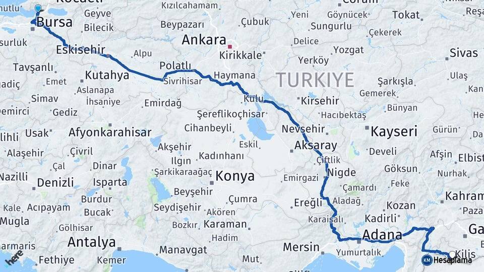 Bursa Gemlik Kilis Arası Kaç Km - Yol Haritası